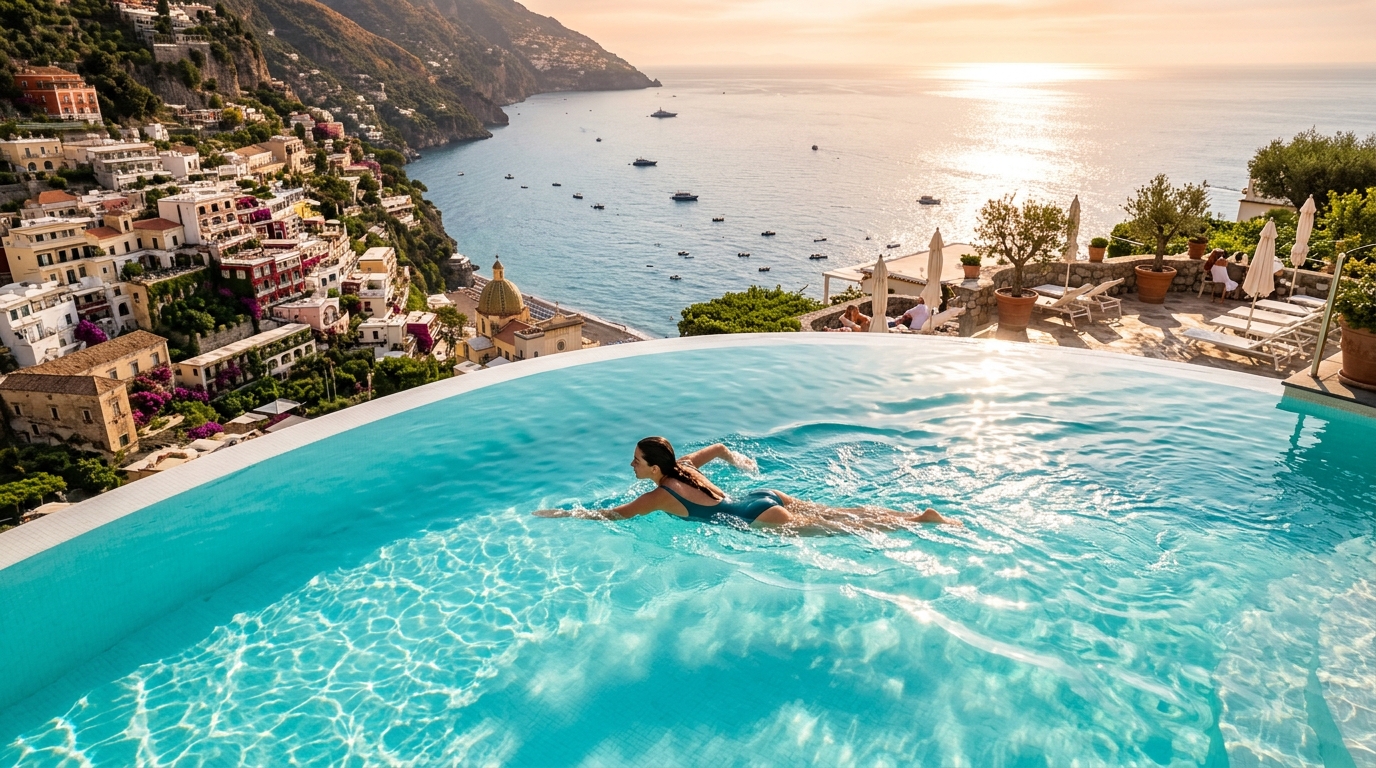 Nuotatrice in una piscina all'aperto con vista sul paesaggio mediterraneo