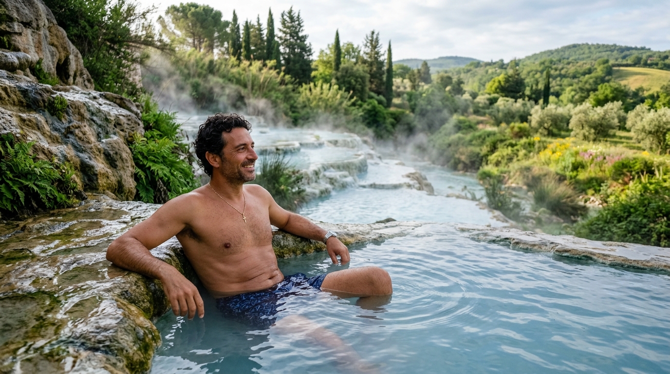 Uomo che si rilassa ai bordi di una piscina termale naturale immersa nel verde