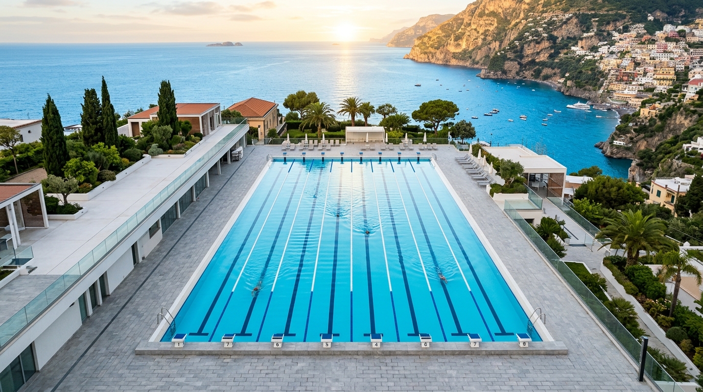 Piscina olimpionica con acqua cristallina e architettura moderna